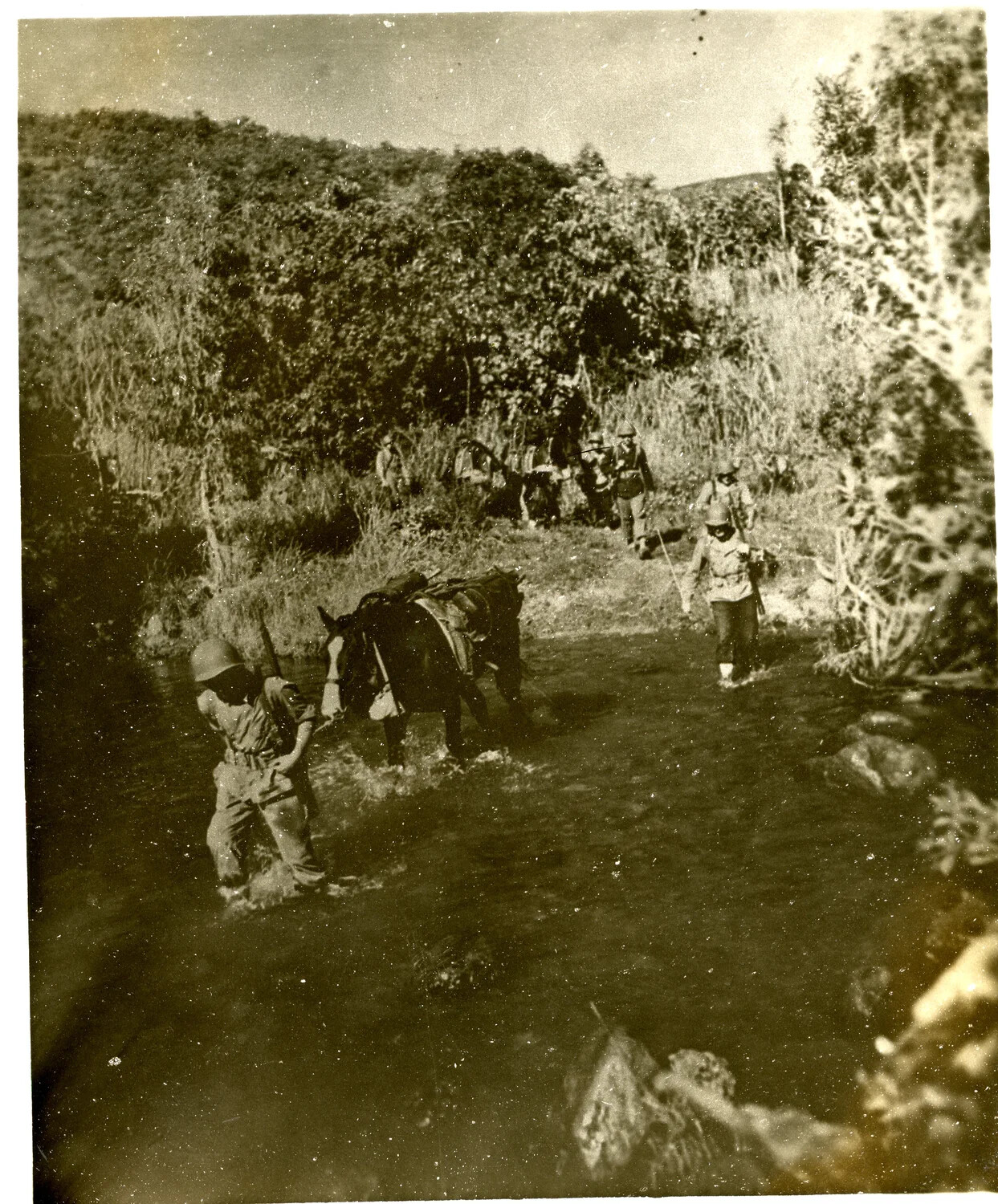 Infantry Patrol Fording a Stream with Pack Horse, WWII Training Exercise