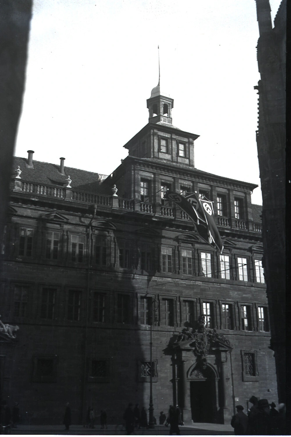 Historic German Civic Building (Rathaus) Adorned with Nazi Party Flags, 1930s-1940s