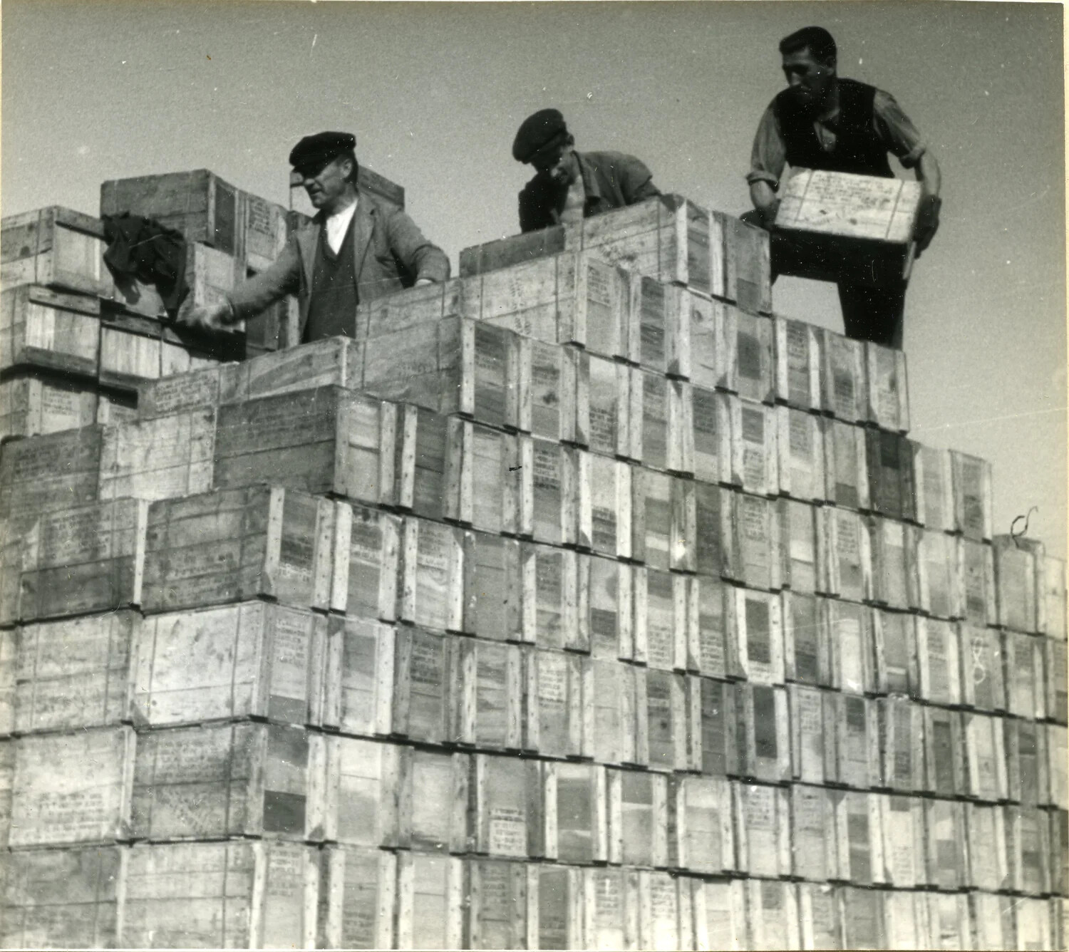 Civilian Laborers Stacking Wooden Shipping Crates at a Postwar Germany Supply Depot