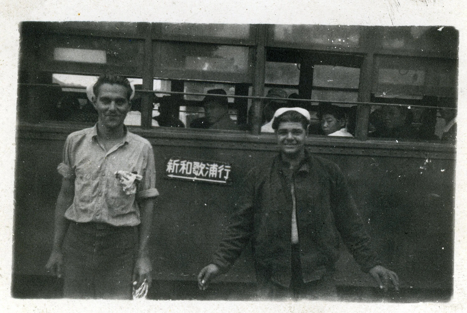 American Sailors in Front of Train Bound for Shin-Wakaura, Occupied Japan