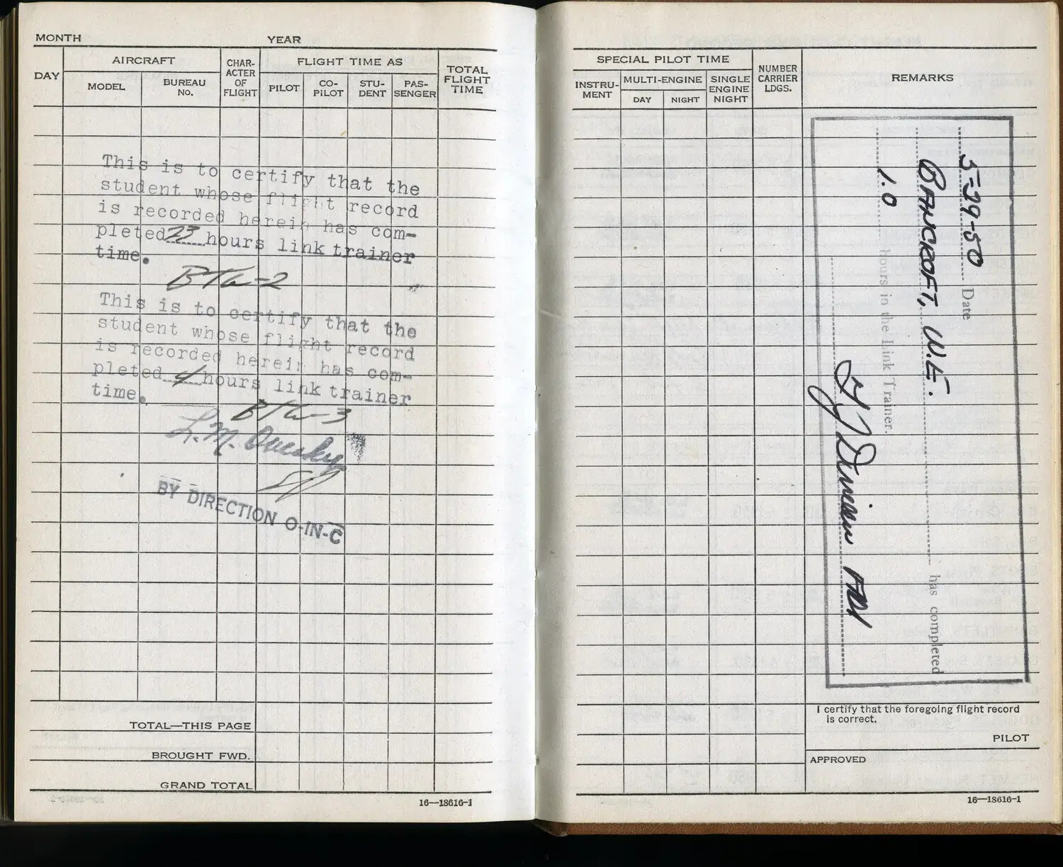 U.S. Navy Aviator's Flight Log Book, Link Trainer Certification Page — Lt. W.E. Bancroft, 29 May 1950