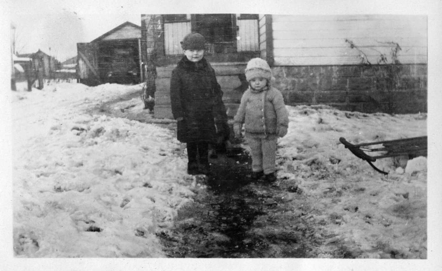 Two Children with Sled in Snow, Farmyard Scene, c. 1920s