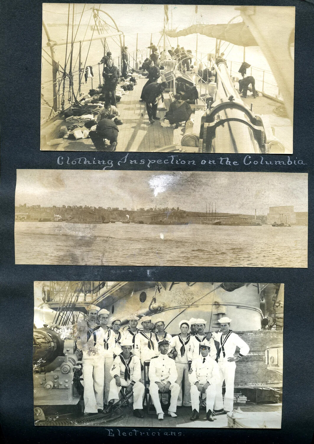 Album Page: Clothing Inspection, West Shore Railroad Harbor View, and 'Electricians' Division - USS Columbia Album