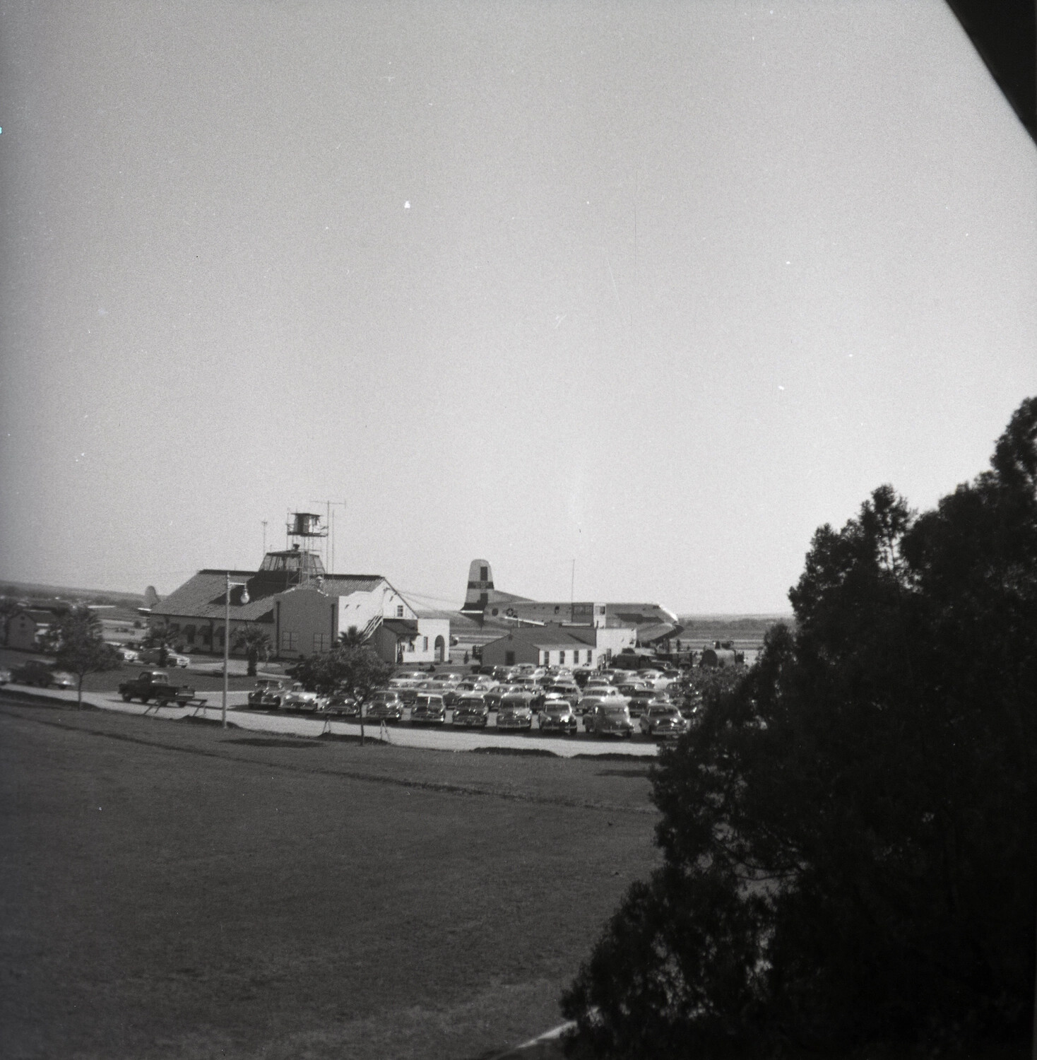 Airfield Control Tower and Twin-Boom Transport Aircraft, USAF Base, Early 1950s