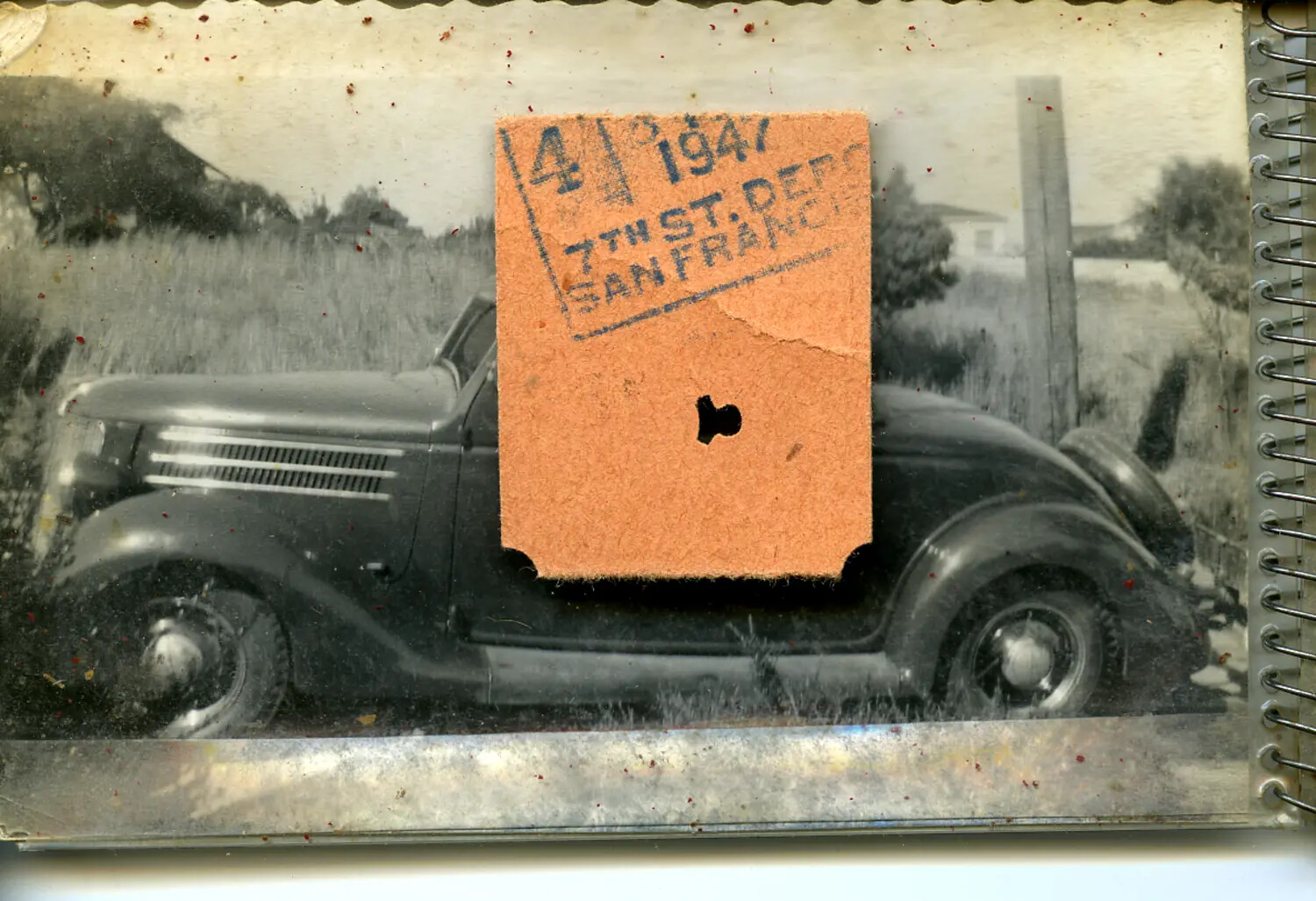 1930s Automobile Snapshot with 1947 San Francisco 7th Street Depot Baggage Tag