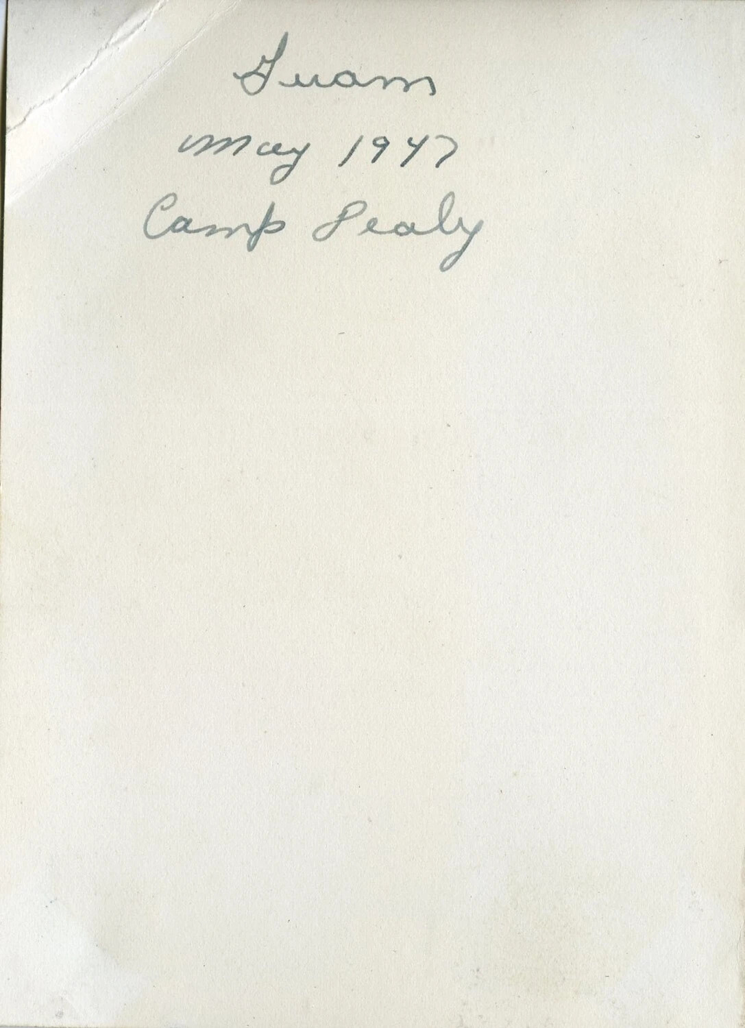 Handwritten Caption, Reverse of Photograph: 'Guam, May 1947, Camp Sealy' — VR-6 Squadron Album