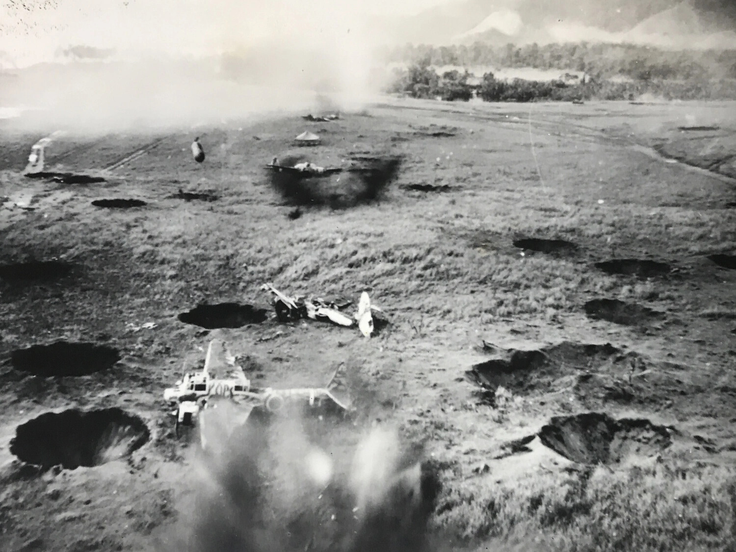 Aerial Strike Photograph of Bombed Airfield with Destroyed Aircraft, Possibly 312th Bombardment Group Mission, WWII Pacific Theater