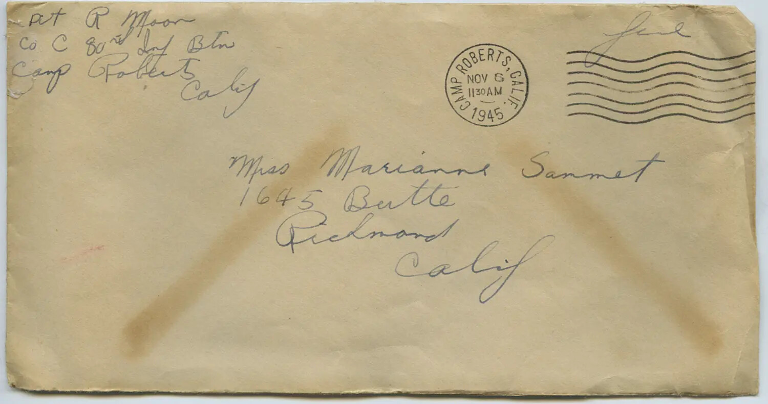 WWII-Era Envelope, Camp Roberts, California to Richmond, California -- Moon-Sammiet Correspondence, November 1945