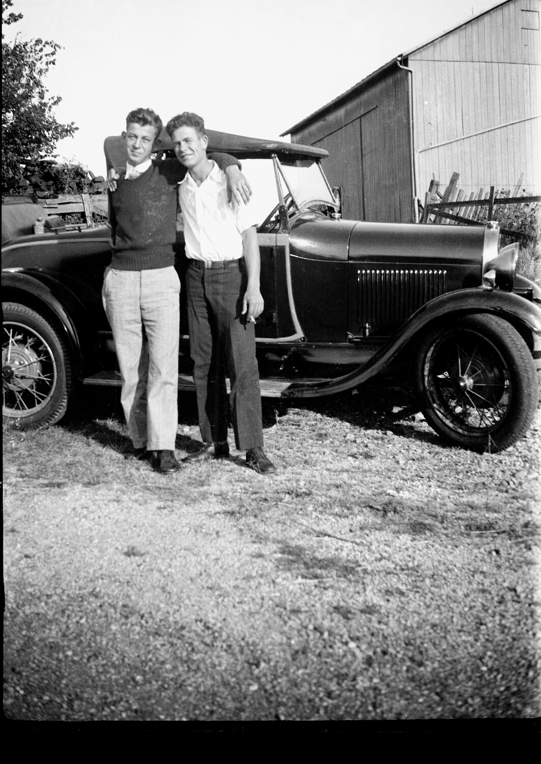 Two Young Men Posing with Roadster Automobile, Pre-WWII Era, c. 1930s