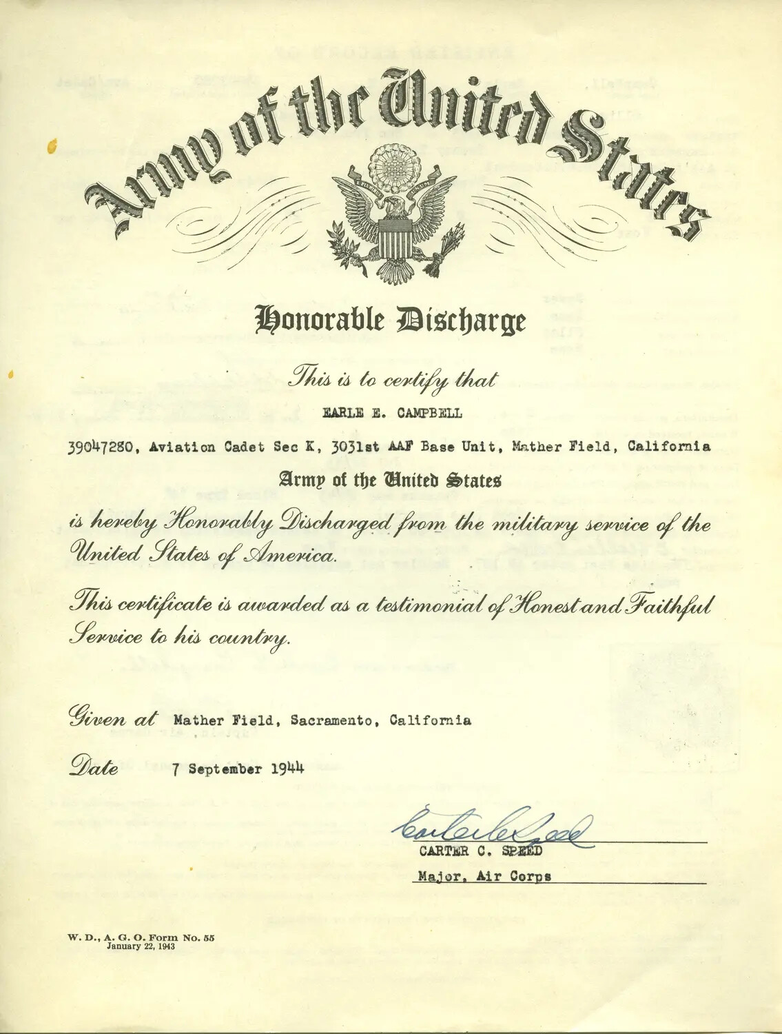 Honorable Discharge Certificate of Earle E. Campbell, Aviation Cadet, Army Air Forces, 1944