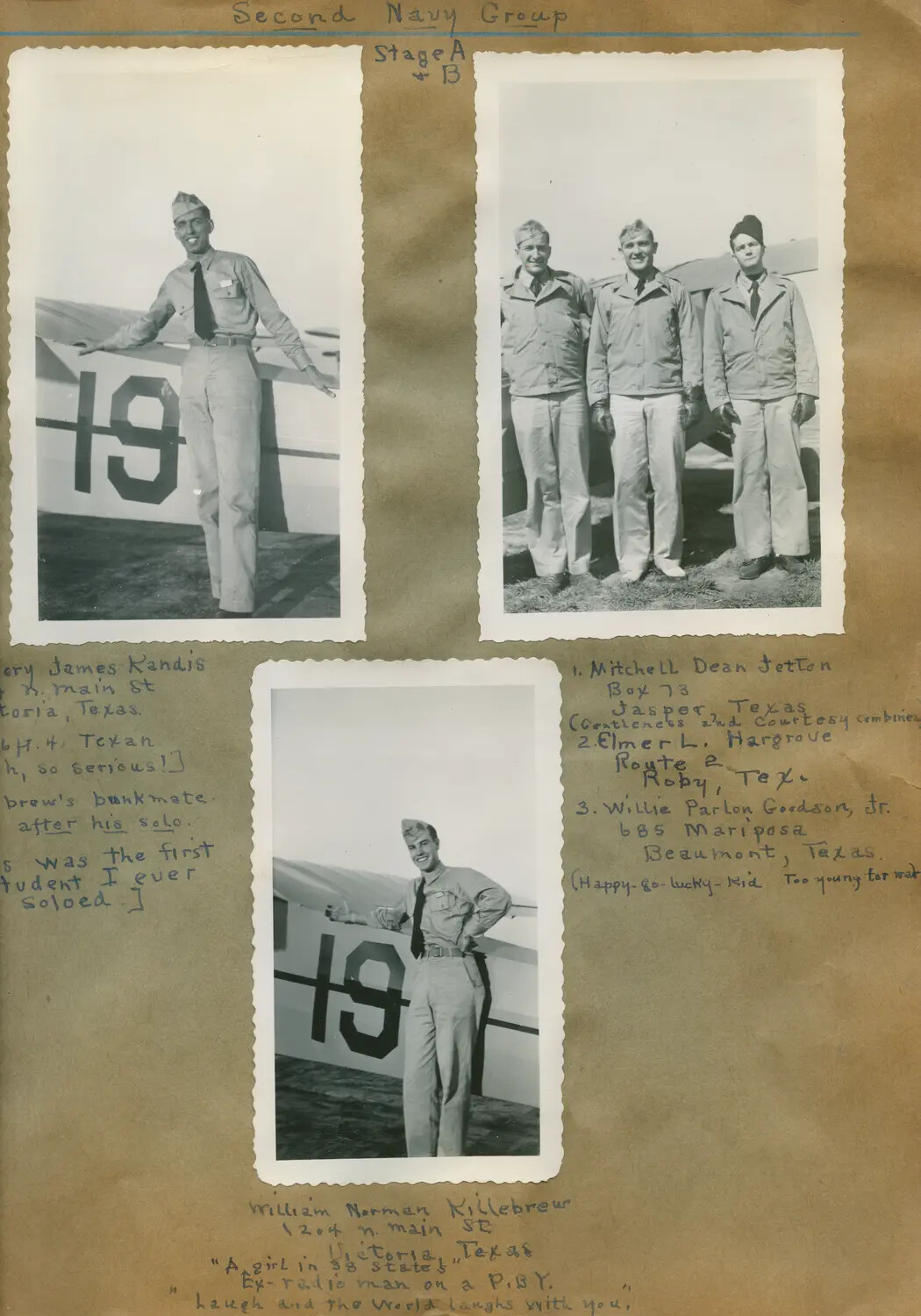 Scrapbook Page: 'Second Navy Group, Stage A + B' - Naval Aviation Cadets with Primary Trainer, Texas, 1943-44