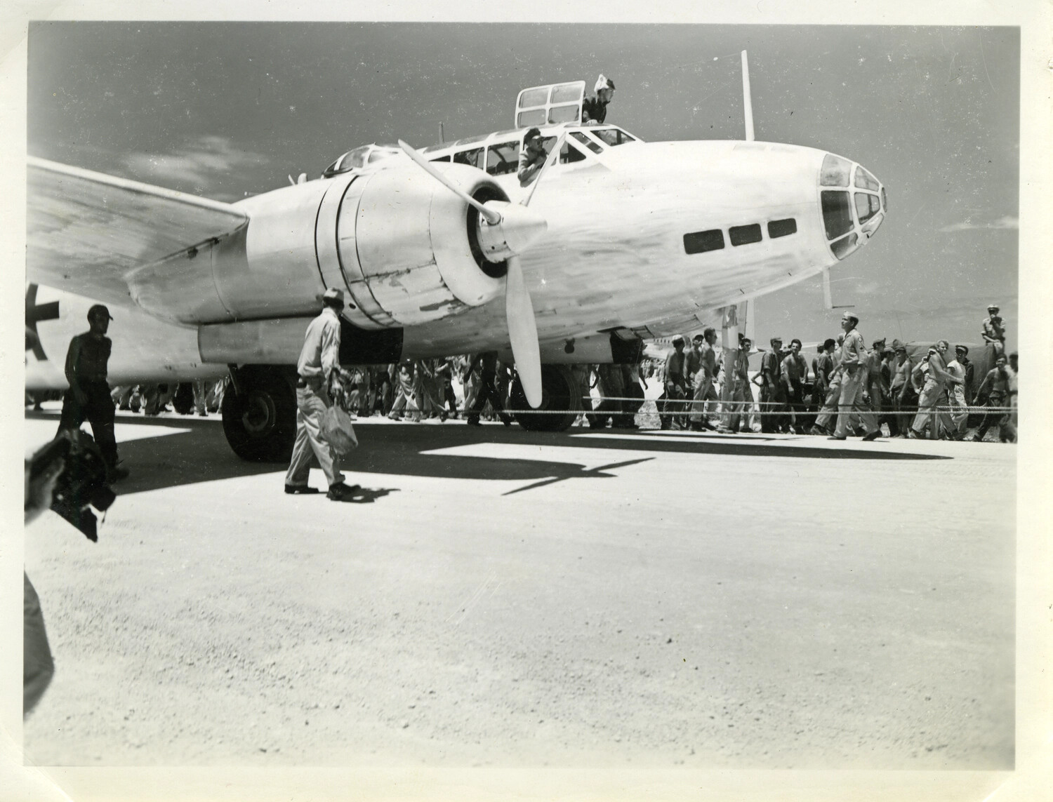 Japanese Surrender Delegation Bomber (Mitsubishi G4M 'Betty'), Marked with Green Crosses, at Ie Shima, August 1945