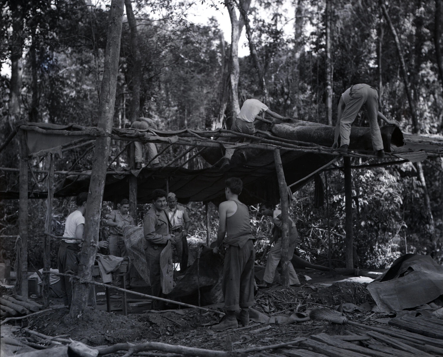 Squadron Personnel Constructing Jungle Shelter, CBI Theater, WWII Kotec Collection