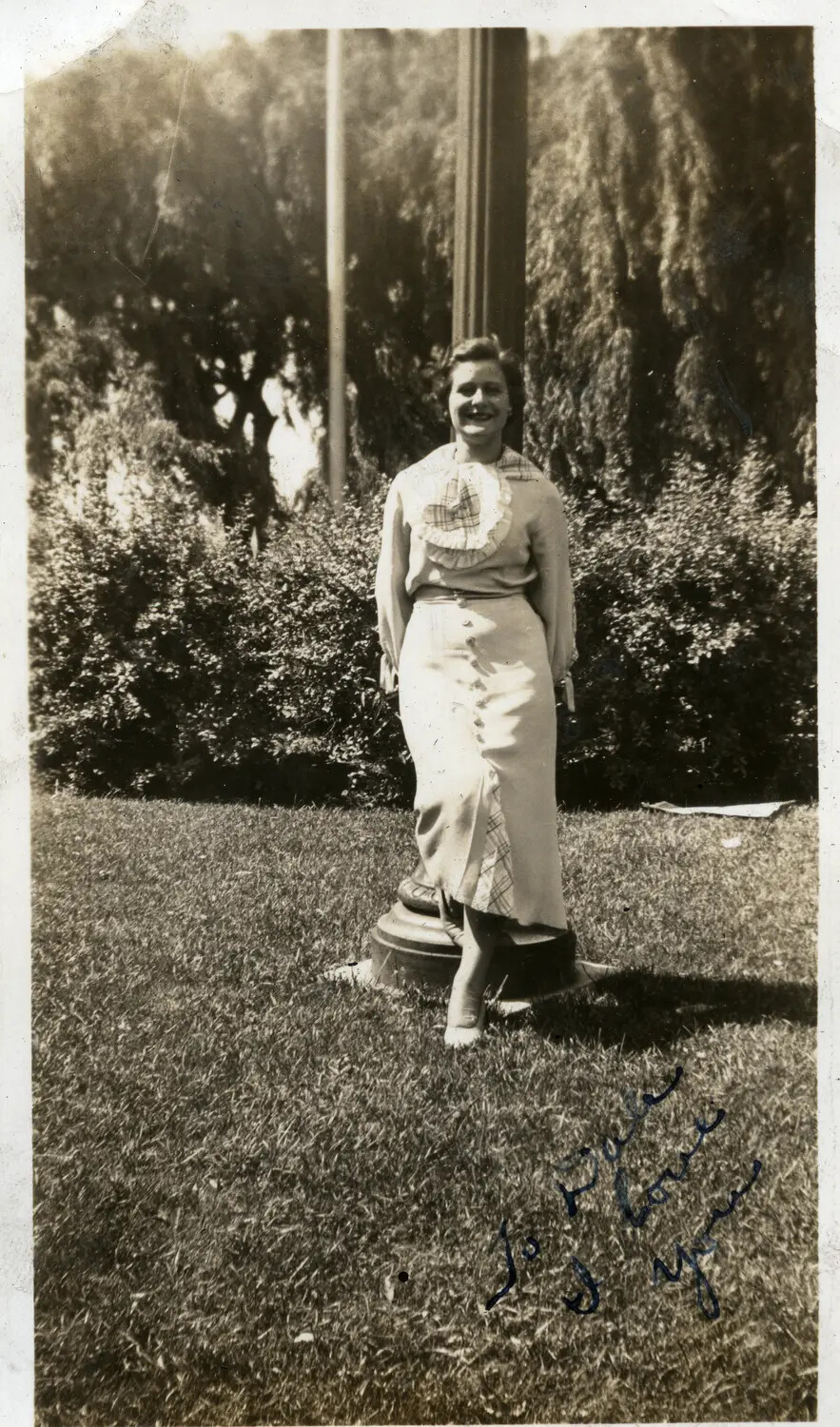 Portrait of a Young Woman in Park Setting, Personal Keepsake Photo from USS Maryland Sailor's Album, 1930s