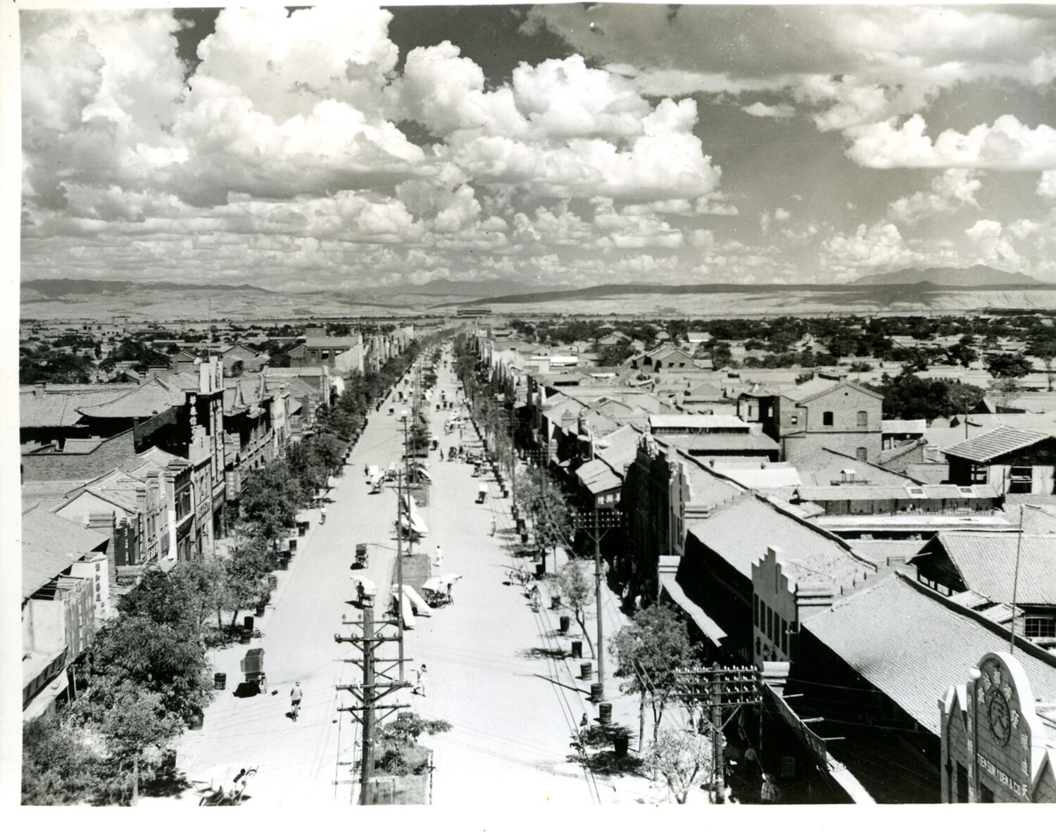 Elevated Panoramic View of a Chinese City Street, WWII-Era China-Burma-India Theater