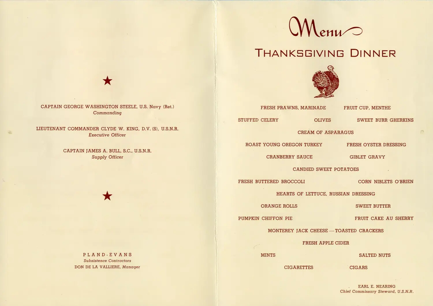 U.S. Navy Thanksgiving Dinner Menu, Pat McAleer Collection Log Books