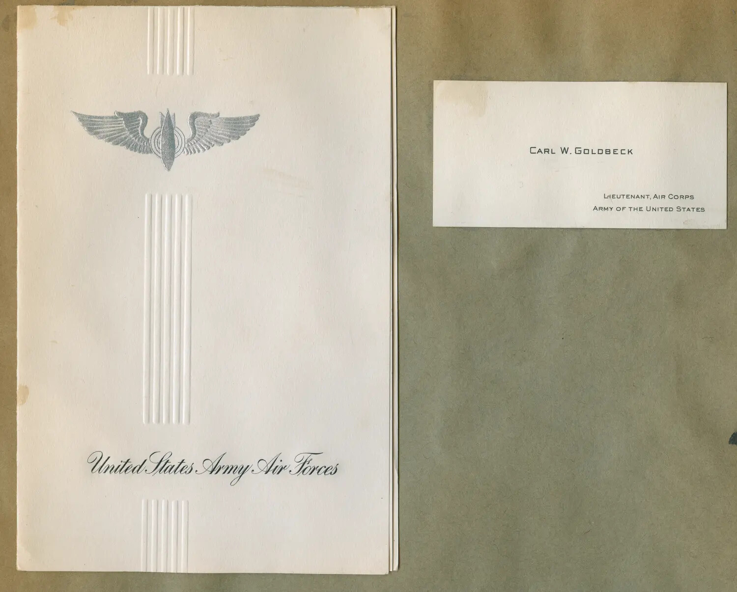 Embossed USAAF Graduation Program Cover and Lieutenant Carl W. Goldbeck's Air Corps Calling Card