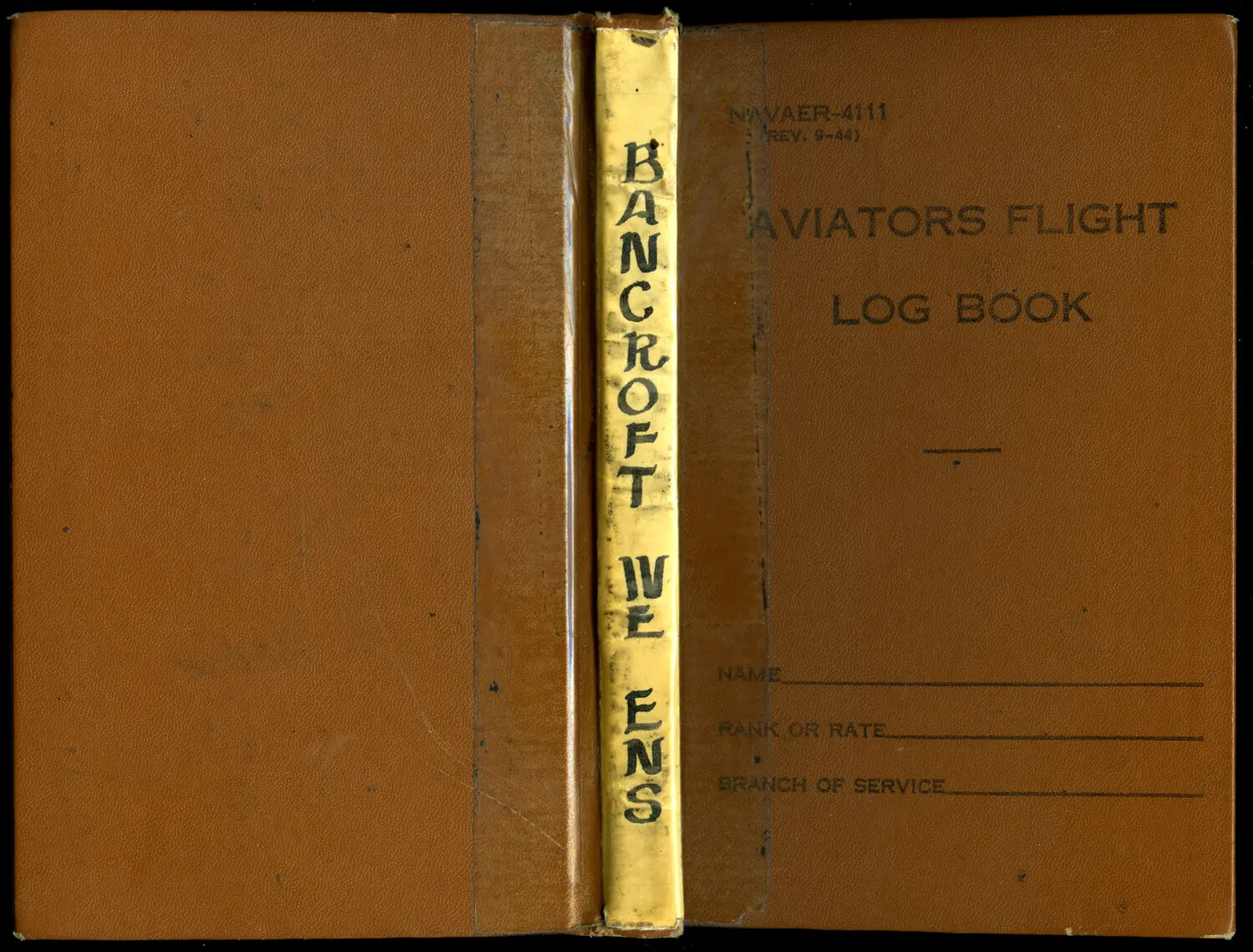 U.S. Navy Aviator's Flight Log Book (NAVAER-4111) -- Ensign W.E. Bancroft, Cover and Spine