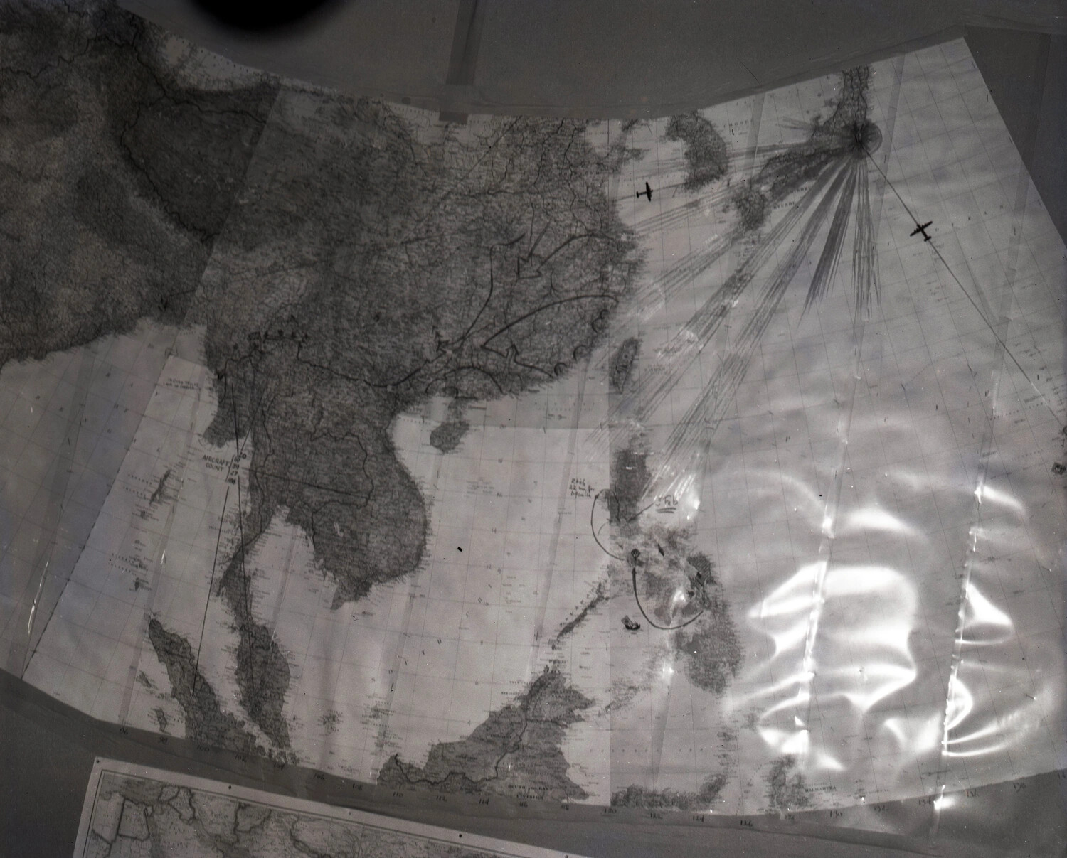 WWII CBI Theater Operations Map with Hand-Plotted Flight Routes, East and Southeast Asia