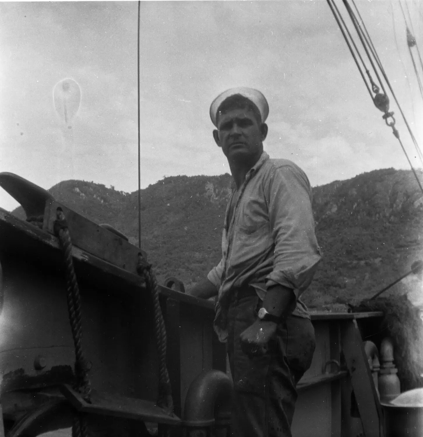 US Navy Sailor on Ship's Deck, Sasebo, Japan, Postwar/Korean War Era