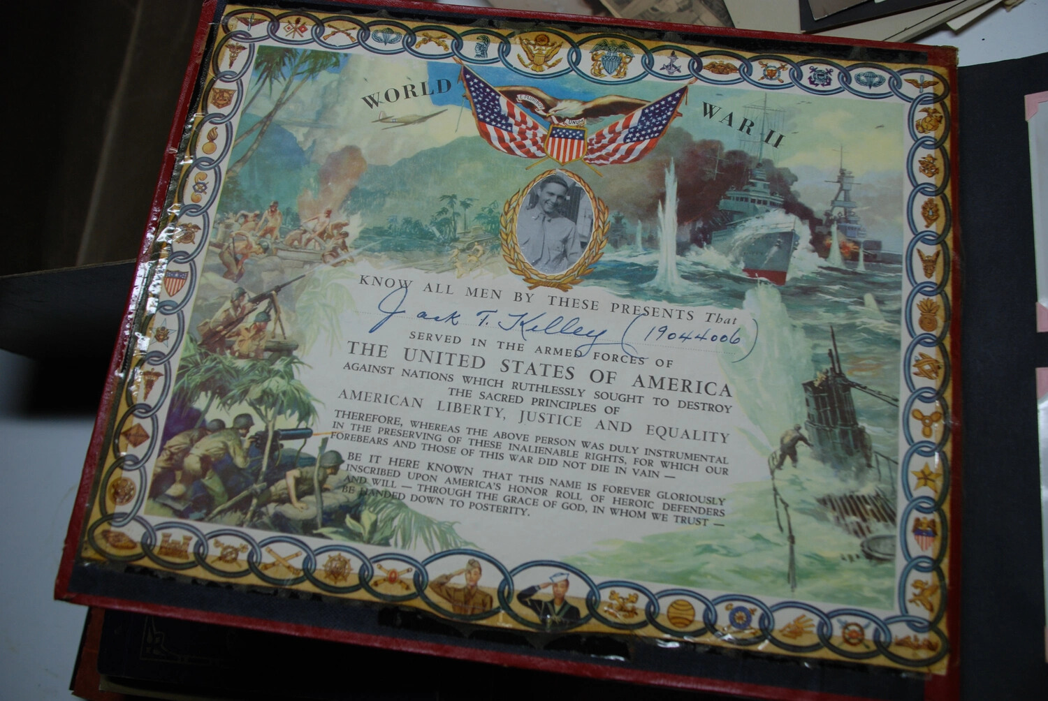 World War II Honor Roll Service Certificate with Portrait of Jack T. Kelley