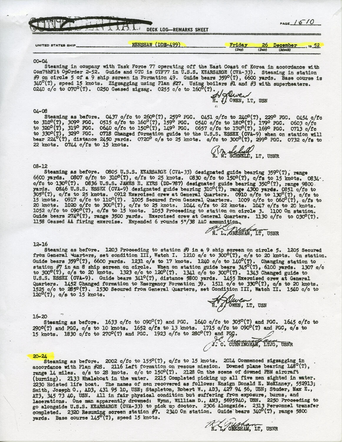 USS Renshaw (DDE-499) Deck Log Remarks Sheet, 26 December 1952, Korean War