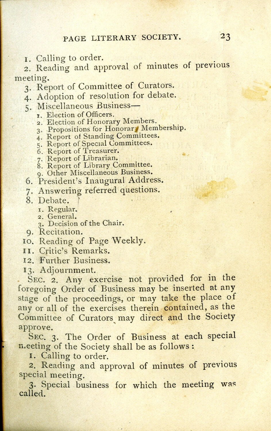 Page Literary Society Rule Book, Page 23 -- Order of Business, from the Papers of Pvt. Willis W. Wagener (WWI)