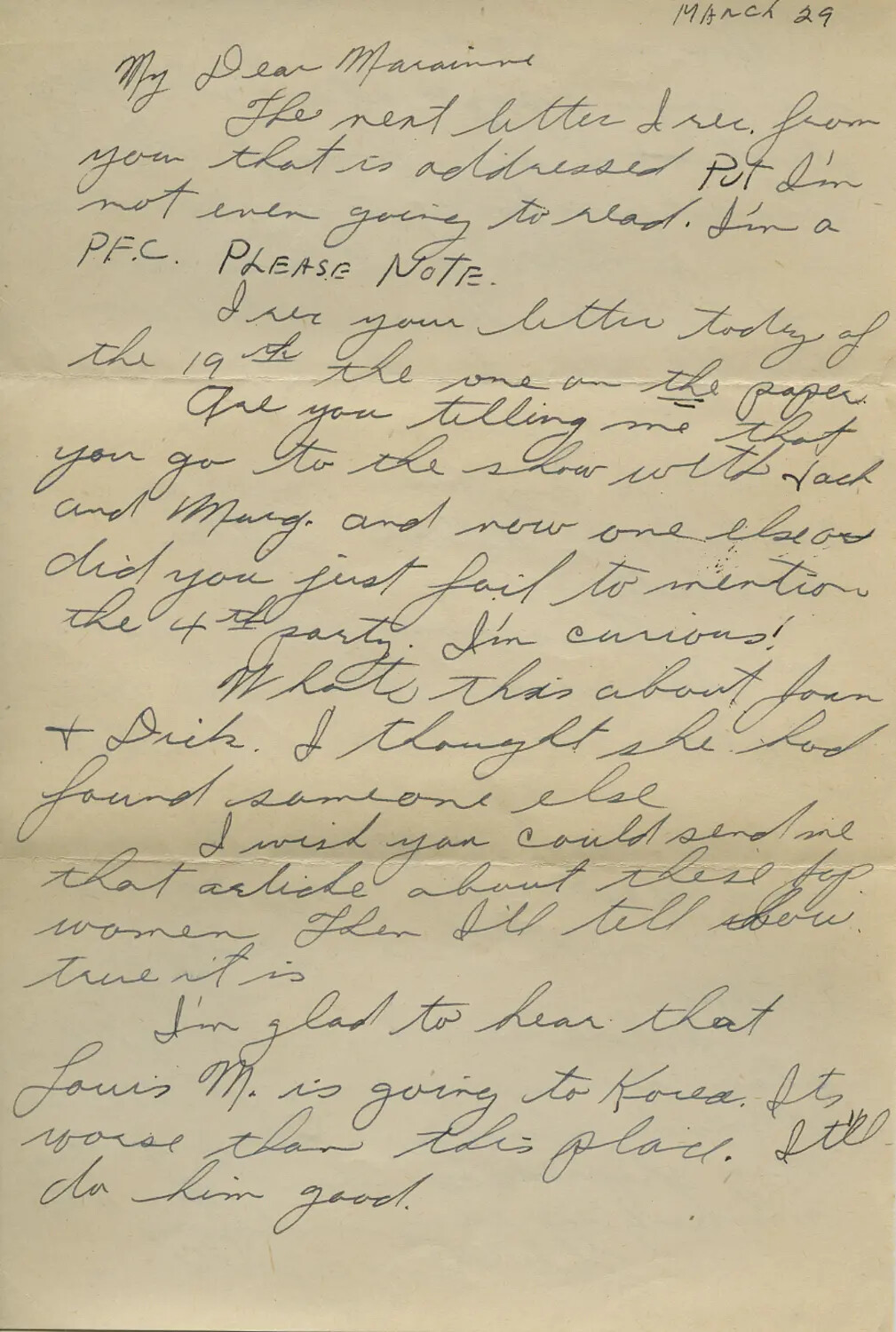 Handwritten Personal Letter, 'March 29,' Addressed to 'Marainne' — Moon Sammiet Correspondence Collection