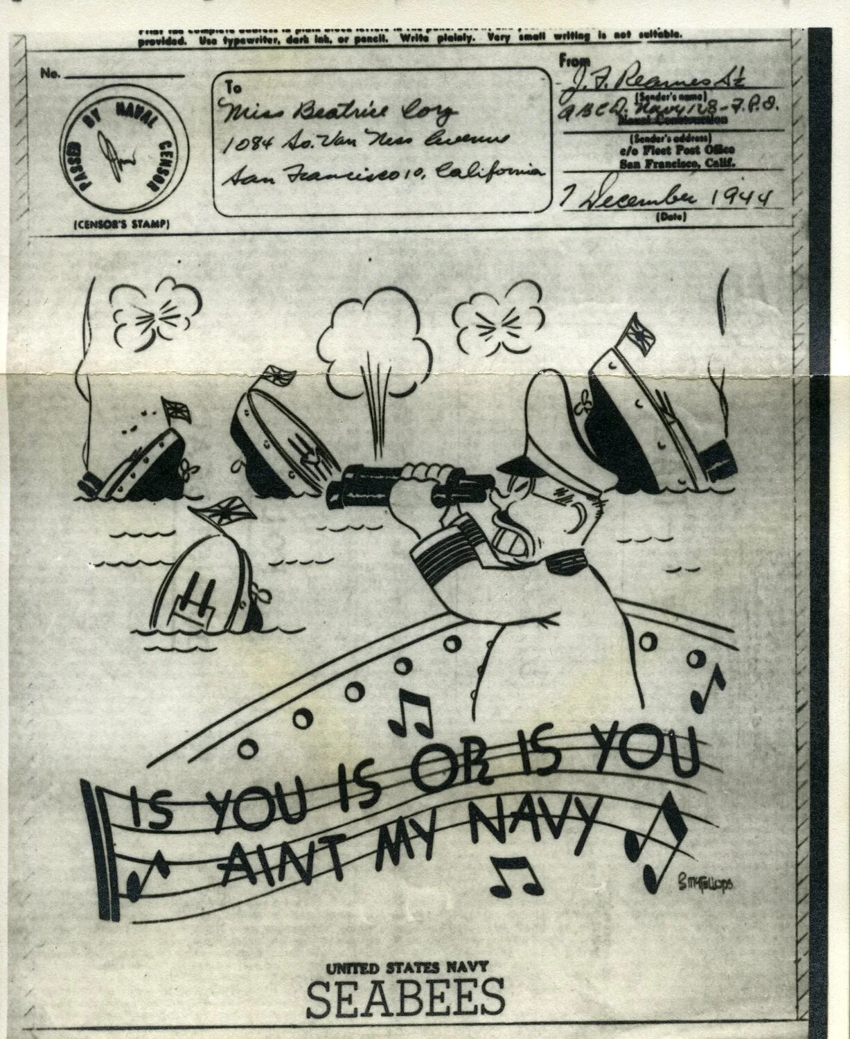 V-Mail Cartoon Letter: 'Is You Is or Is You Ain't My Navy' - Seabees Song Parody, 7 December 1944