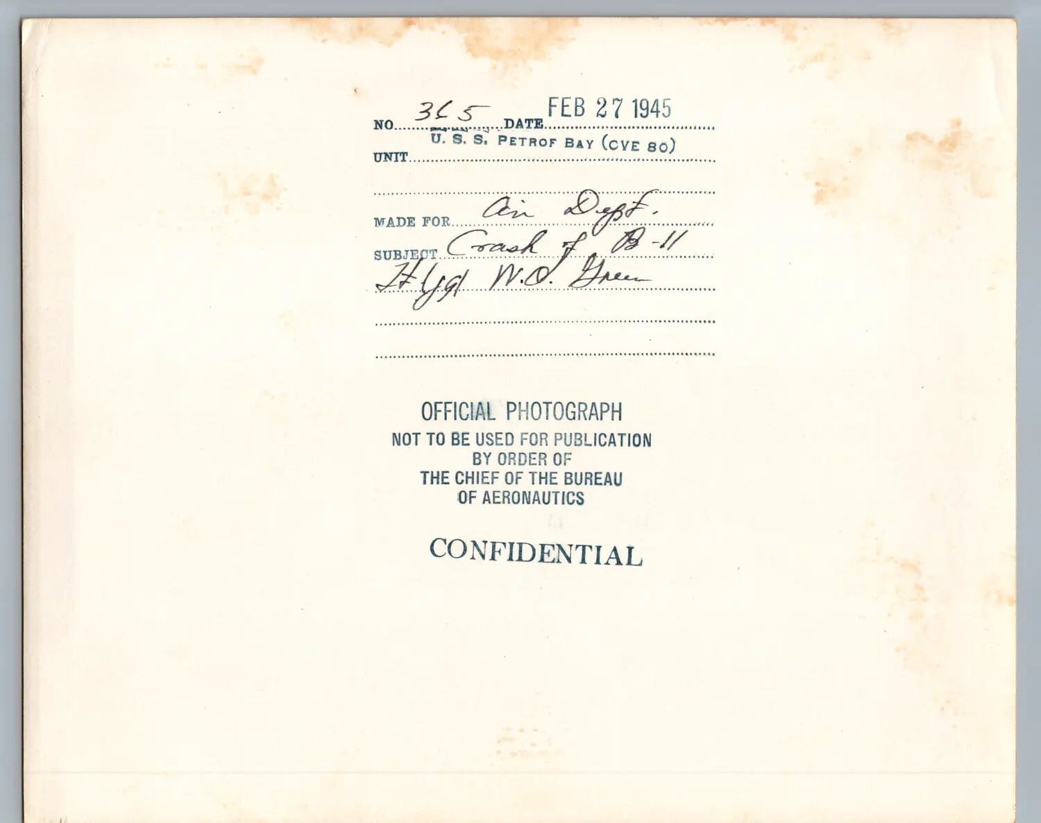 Verso Caption Card, USS Petrof Bay (CVE-80) Official Photograph No. 365, 27 February 1945