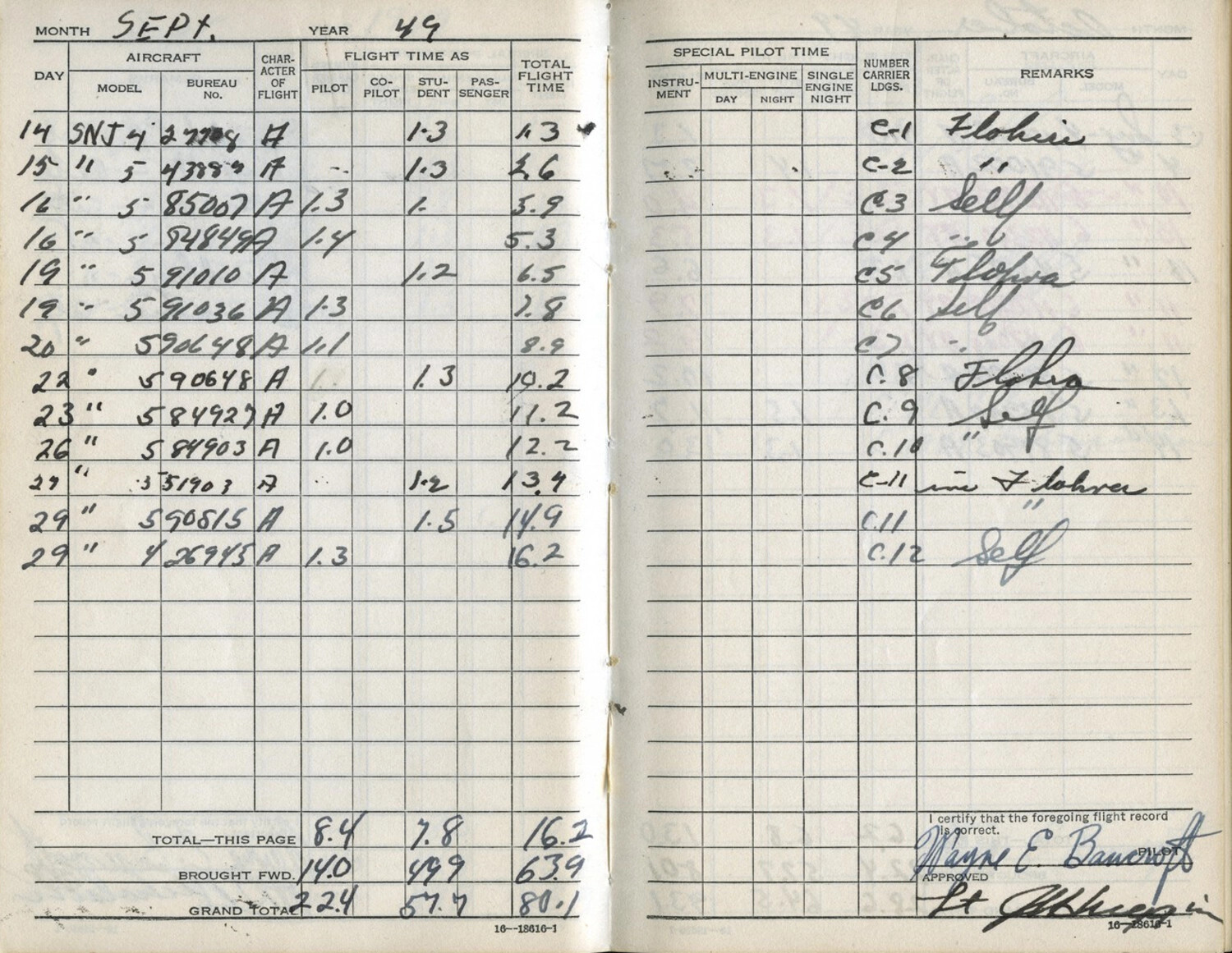 U.S. Navy Aviator's Flight Logbook Page - SNJ Trainer Flights and Carrier Landings, September 1949