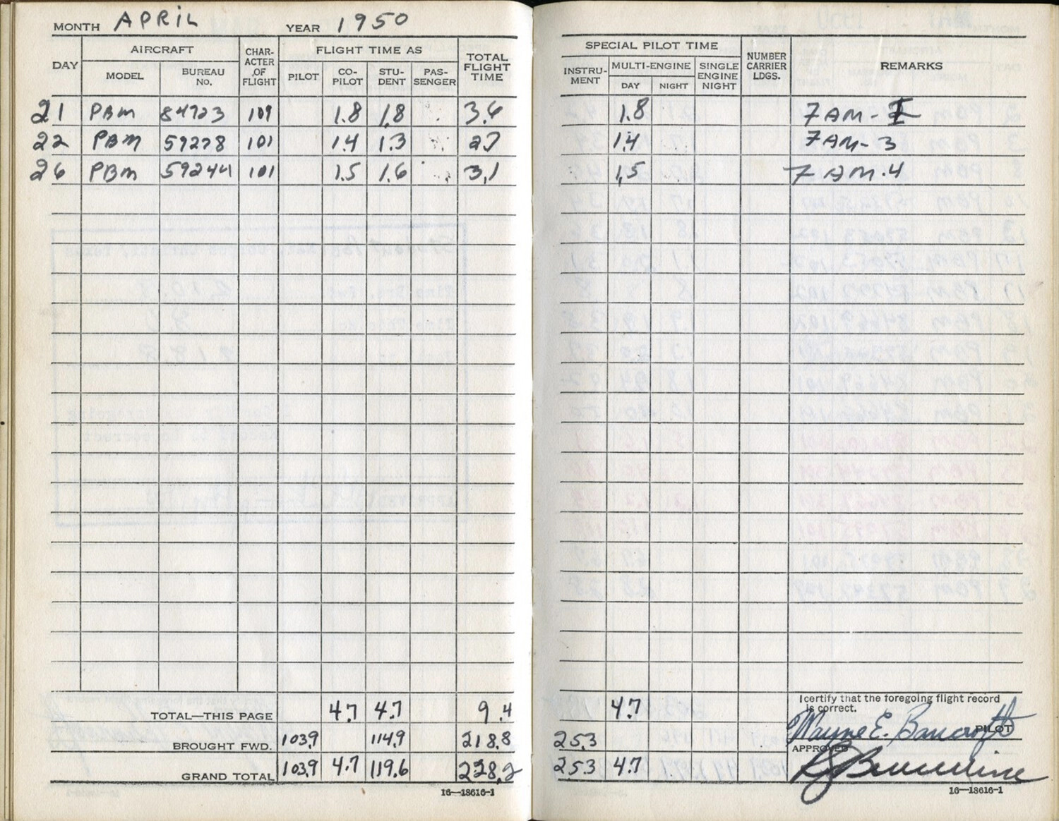 Lt. Wayne E. Bancroft's U.S. Navy Flight Logbook, April 1950 -- PBM Mariner Flight Entries