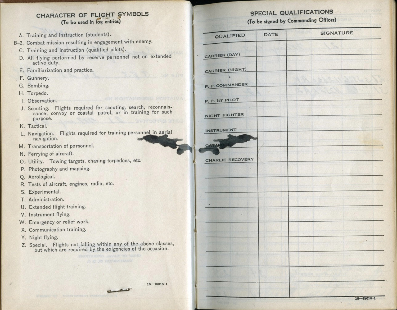 Printed 'Character of Flight Symbols' and 'Special Qualifications' Pages, Lt. Bancroft's Korean War Naval Aviator Flight Log Book