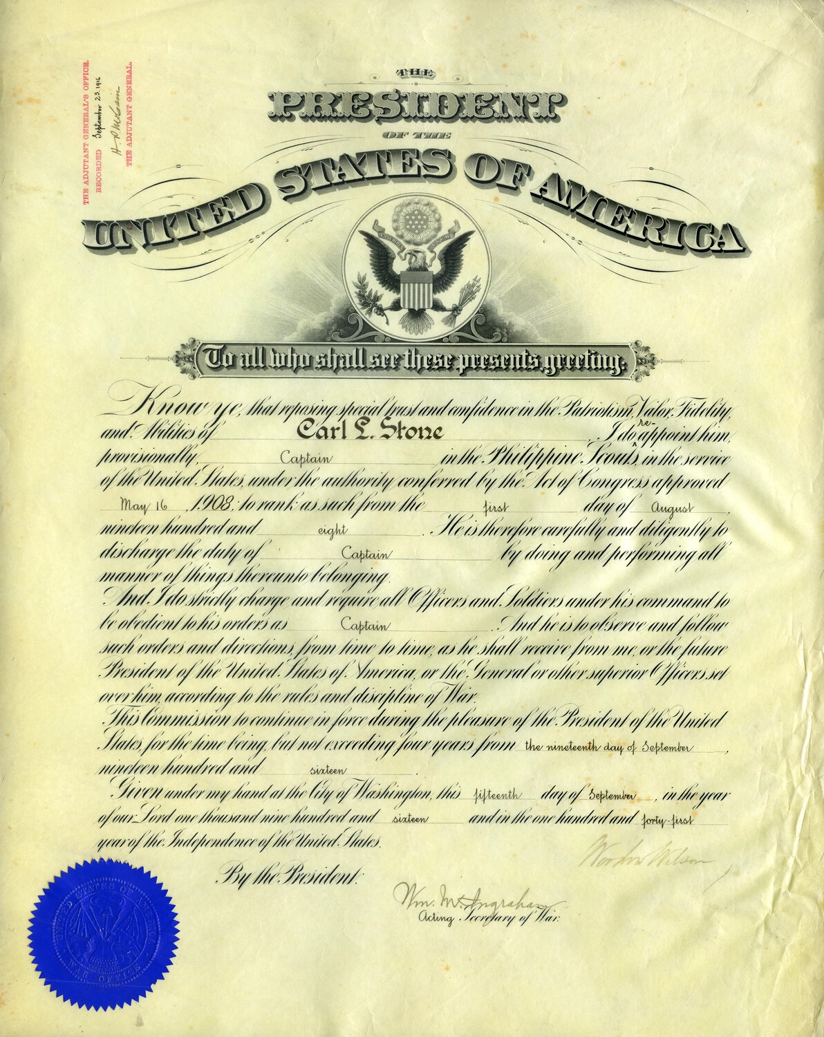 Presidential Commission Appointing Carl L. Stone as Captain, Philippine Scouts, September 15, 1916