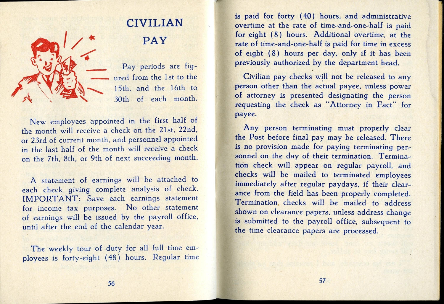 McClellan Field Personal Guide Booklet, 'Civilian Pay' Section, Pages 56-57
