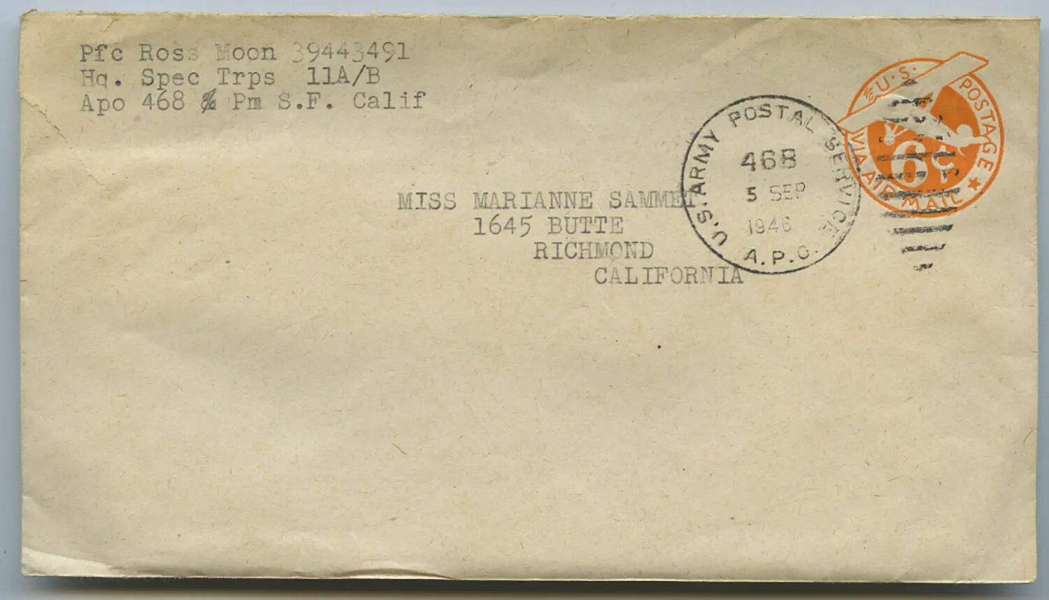 WWII-Era Military Correspondence Envelope, Pfc Ross Moon to Marianne Sammiet, APO 468, September 1946