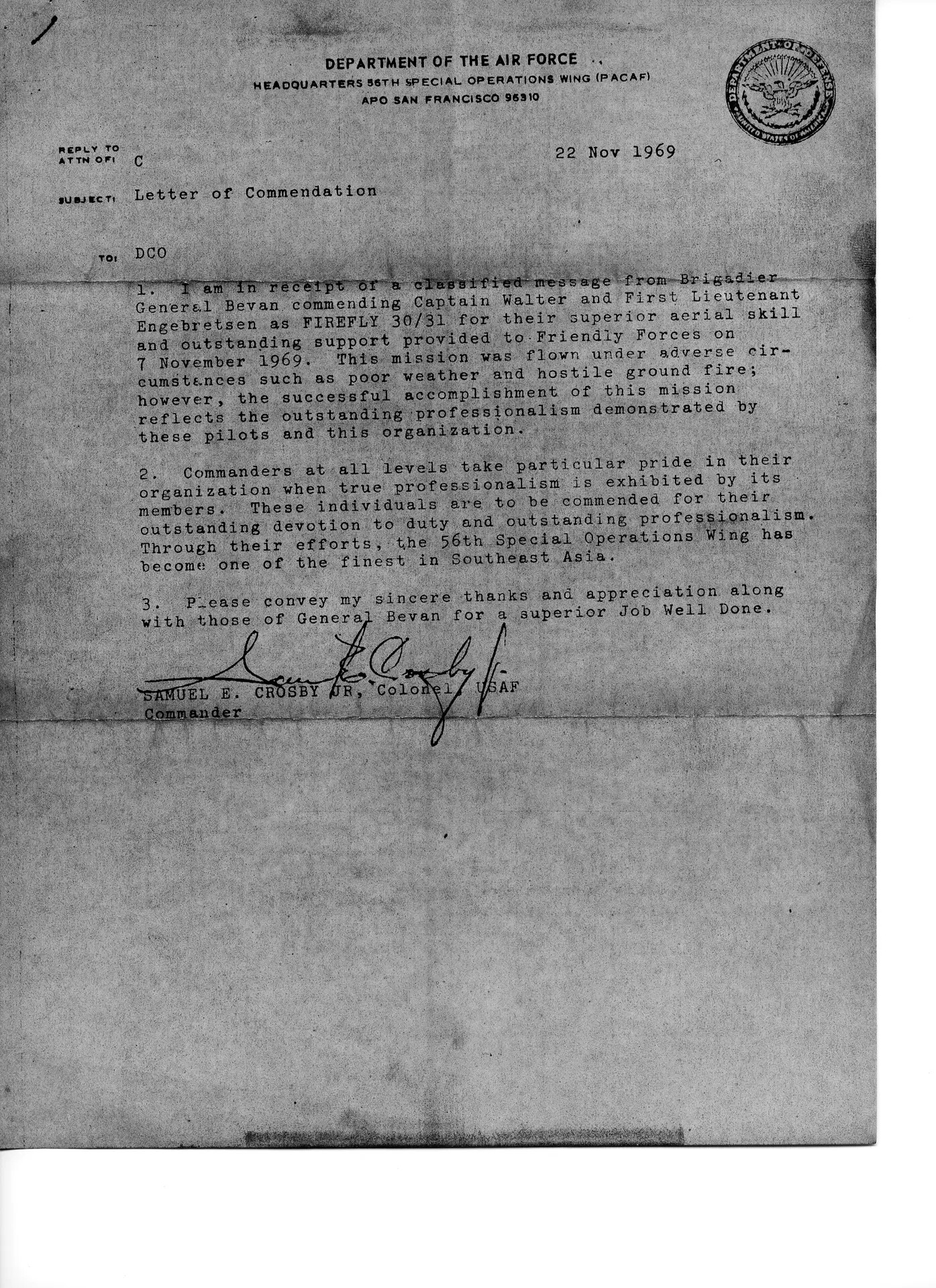 Letter of Commendation, 56th Special Operations Wing, for FIREFLY 30/31 (Capt. Walter and 1st Lt. Engebretsen), 22 November 1969