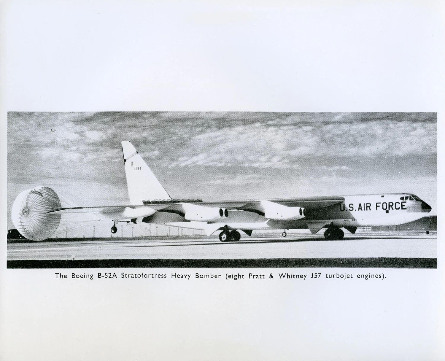 Boeing B-52A Stratofortress Heavy Bomber, Runway Photograph with Braking Parachute Deployed