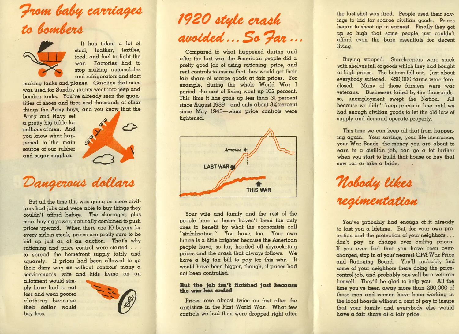 Printed War Department/OPA Pamphlet Page: "From Baby Carriages to Bombers" and "1920 Style Crash Avoided... So Far..." (c. 1945)
