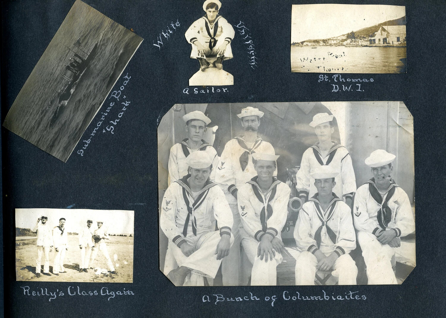 Album Page: 'Submarine Boat Shark,' 'A Sailor (White),' 'St. Thomas D.W.I.,' 'A Bunch of Columbiaites,' and 'Reilly's Class Again' - USS Columbia Photograph Album, c. 1898-1910s