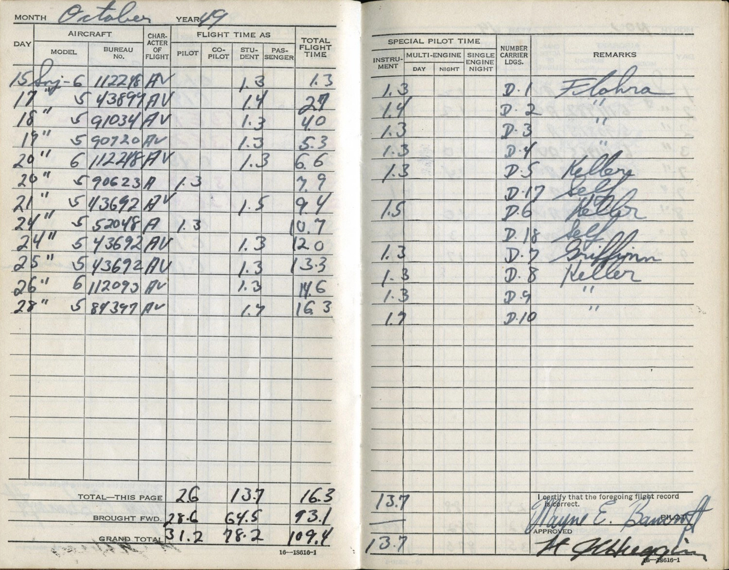 Flight Logbook Page of Naval Aviator Wayne E. Bancroft, October 1949 - SNJ Texan Training Flights