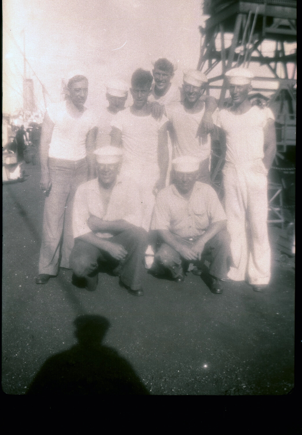 Group Portrait of US Navy Sailors on Dock, China/Pacific Port, 1930s (Asiatic Fleet Era)