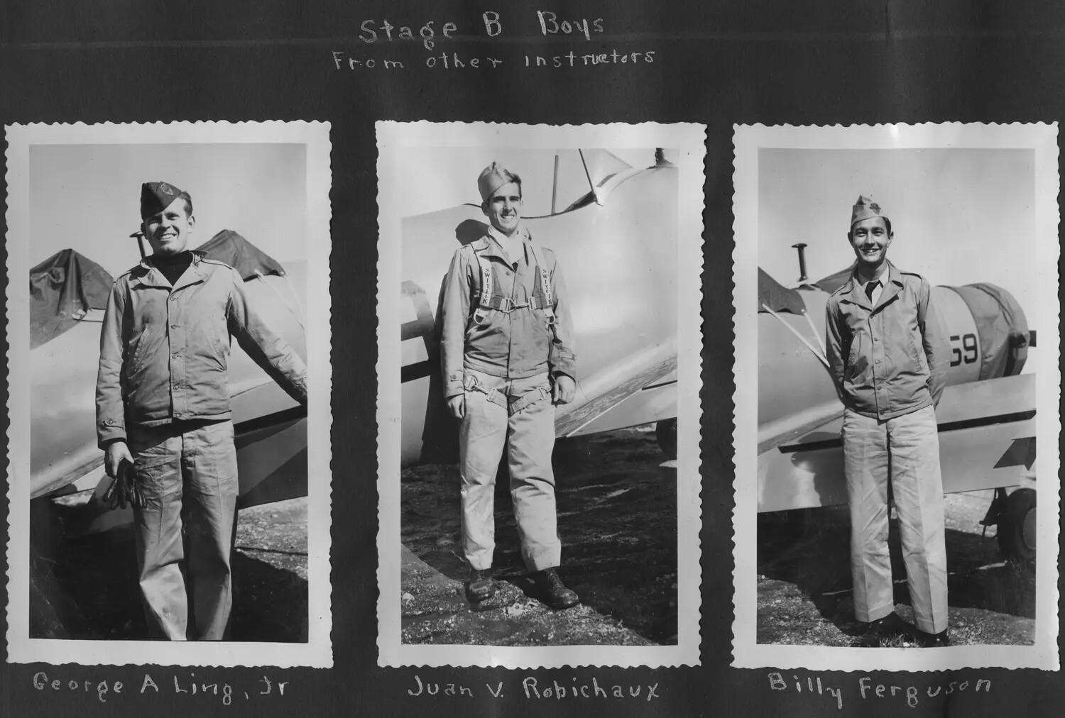 Stage B Cadets from Other Instructors: George A. Ling Jr., Juan V. Robichaux, and Billy Ferguson Beside Primary Trainer Aircraft, WWII Era