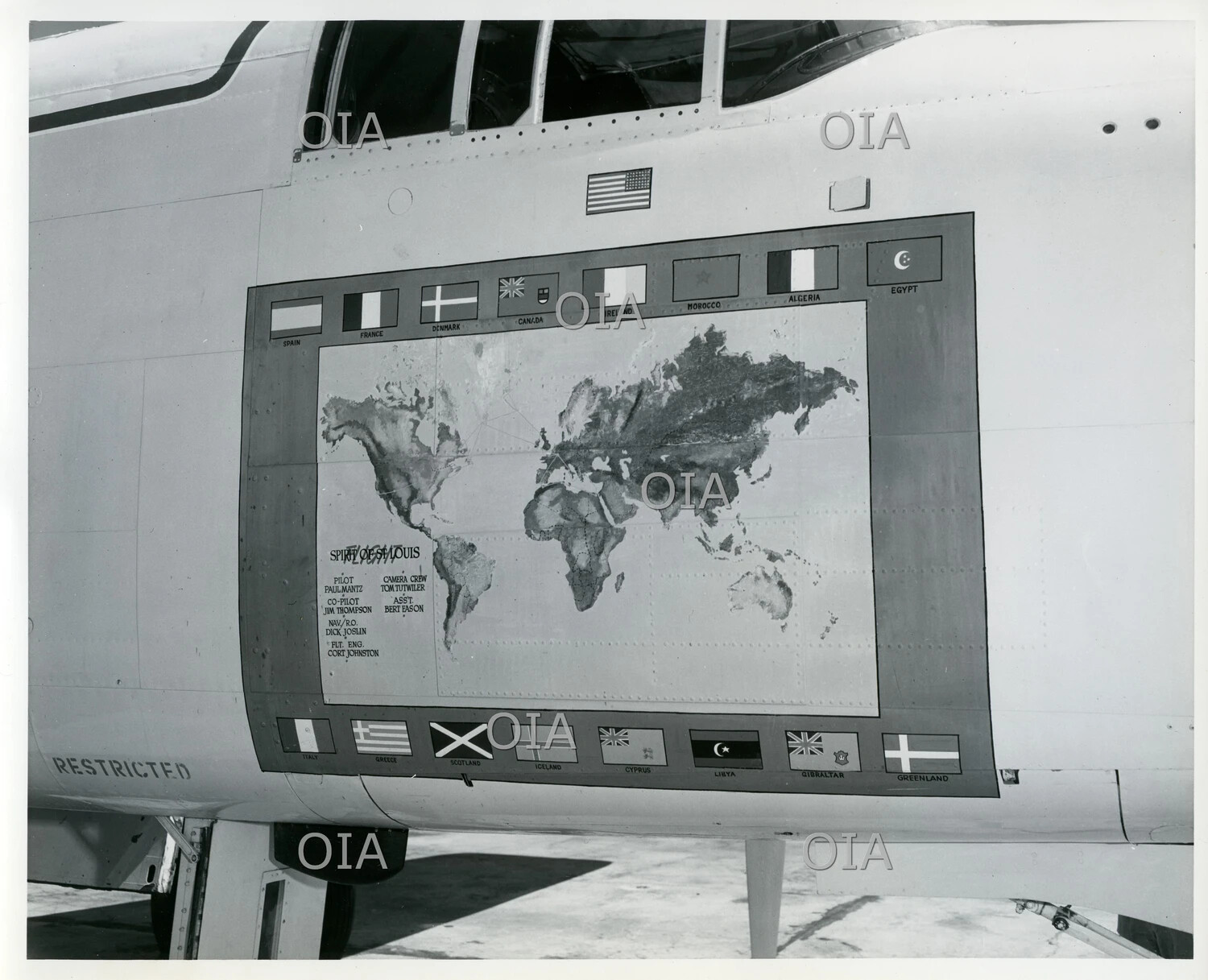 'Spirit of St. Louis' Tribute Flight Aircraft Nose Art with World Route Map and Crew Roster