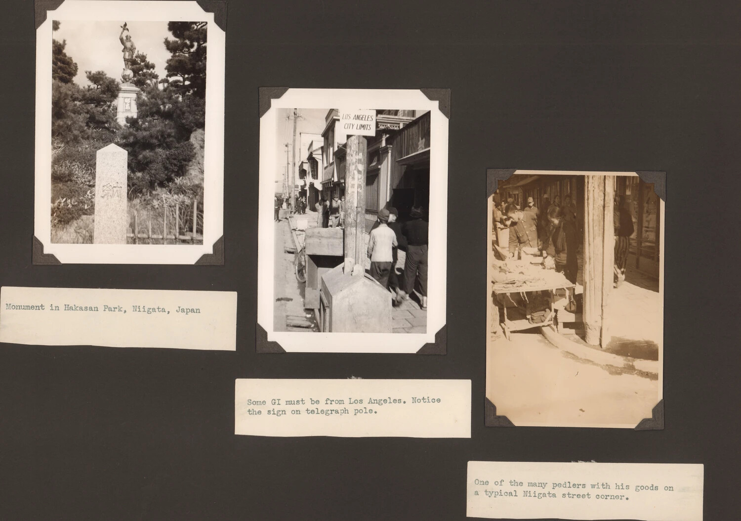 Album Page: Niigata, Japan Scenes During the American Occupation (Hakusan Park Monument, 'Los Angeles City Limits' Sign, Street Peddler)