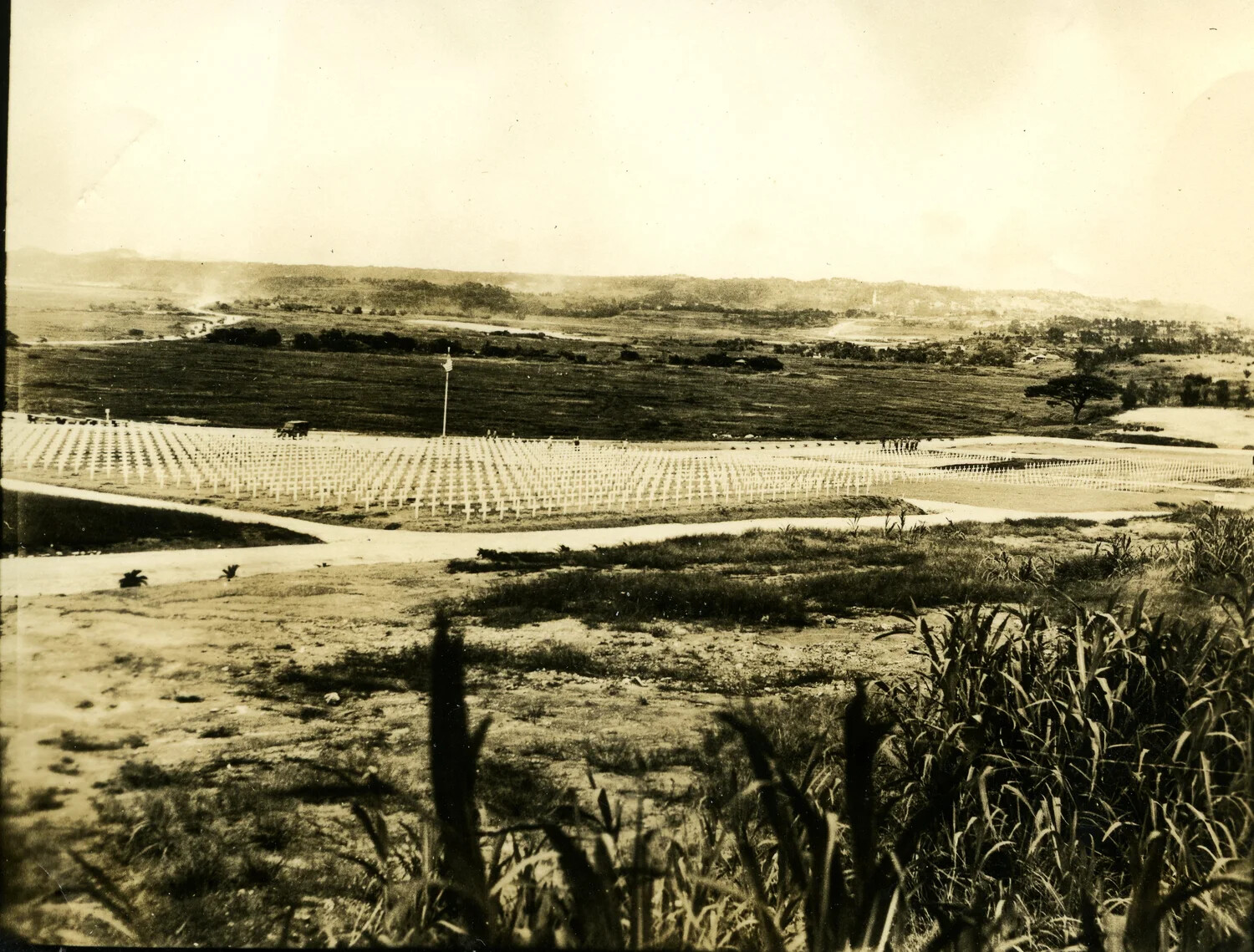 Panoramic View of Military Cemetery in Valley — Okinawa/Ie Shima Region, 1945