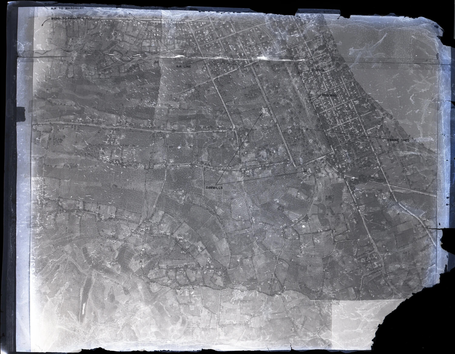 Annotated Aerial Reconnaissance Photograph: Burmese Town with Rail Line, 'Road to Mandalay,' CBI Theater, WWII