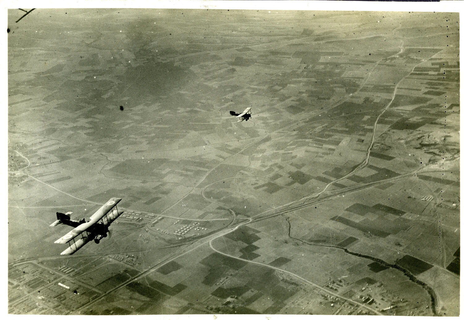 Air-to-Air View of Two French Reconnaissance Biplanes over the Western Front, WWI