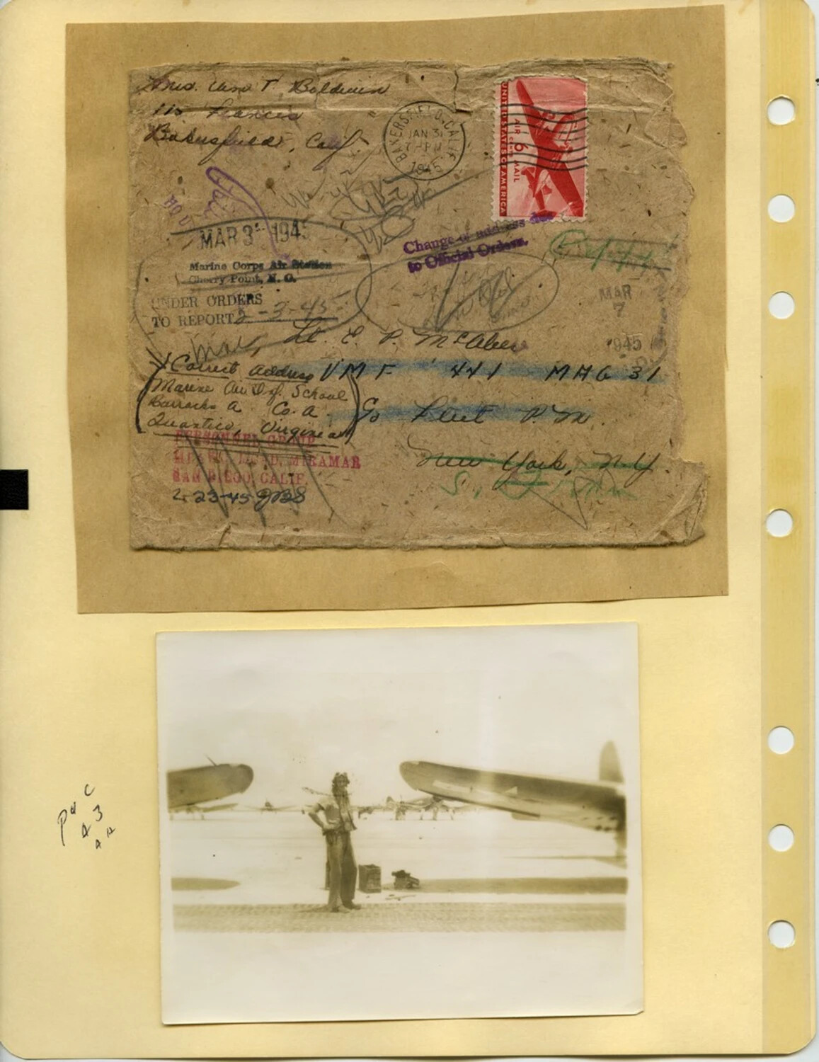 WWII Marine Corps Redirected Airmail Envelope (Lt. E. P. McAleer, VMF-441) with Airfield Snapshot, McAleer Family Album