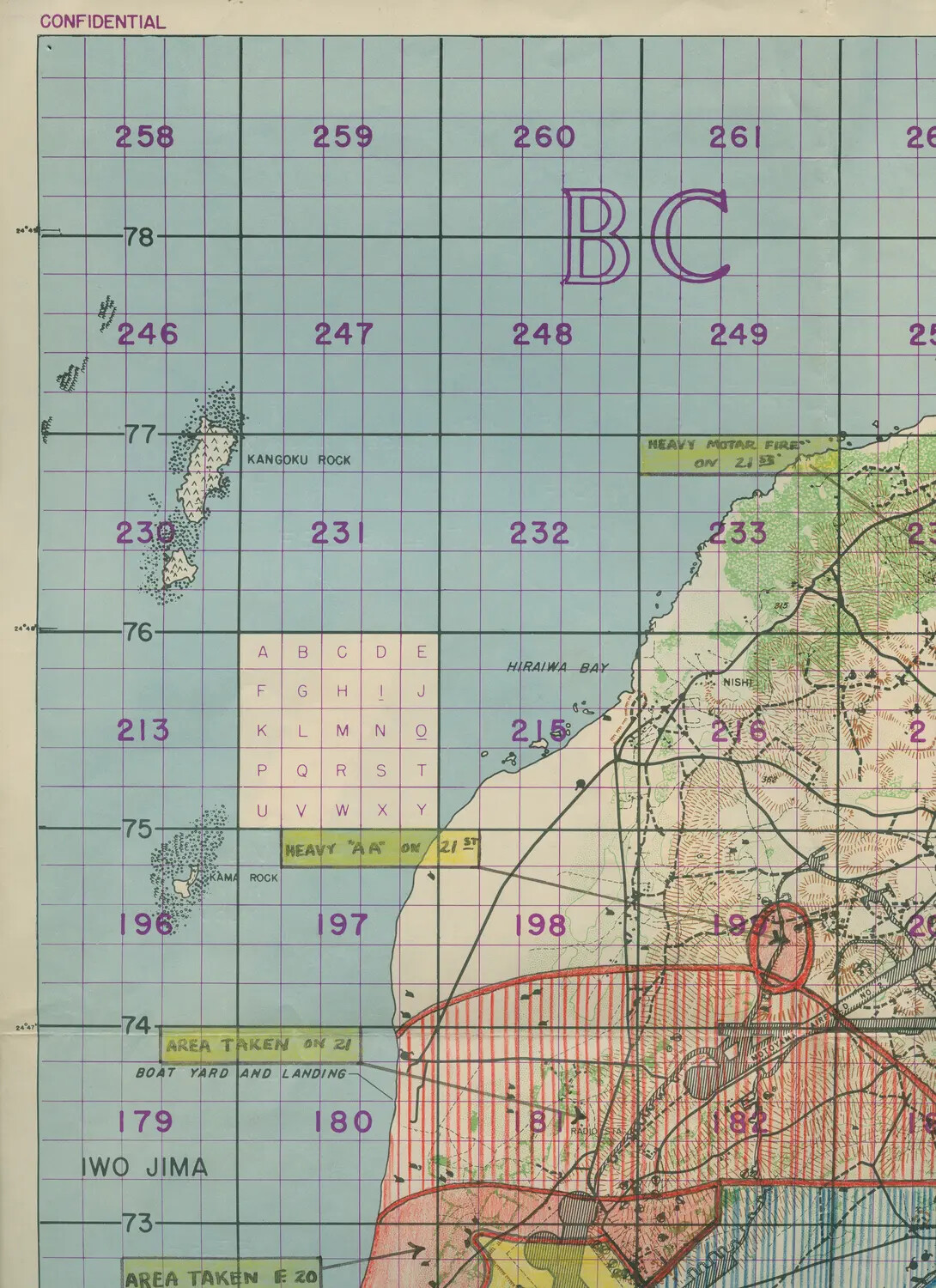 Confidential Gridded Situation Map of Iwo Jima, USS Petrof Bay (CVE-80) Collection